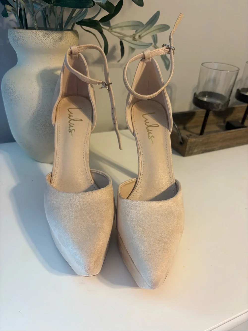 Lulu's Nude Pointed-Toe Ankle-Strap Stiletto Heels